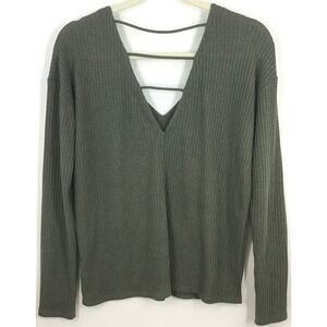 Express Y2K Olive Green Waffle Knit V-Neck Long Sleeve Top Strappy Ladder Back S